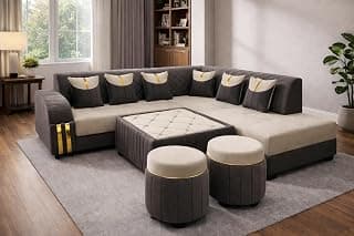 Right Facing Upholstered L Shape 7 Seater Sofa Set | Sectional Swed Fabric Sofa Set with Centre Table and 2 Puffy Ottomans for Living Room & Drawing Room, Grey and Cream