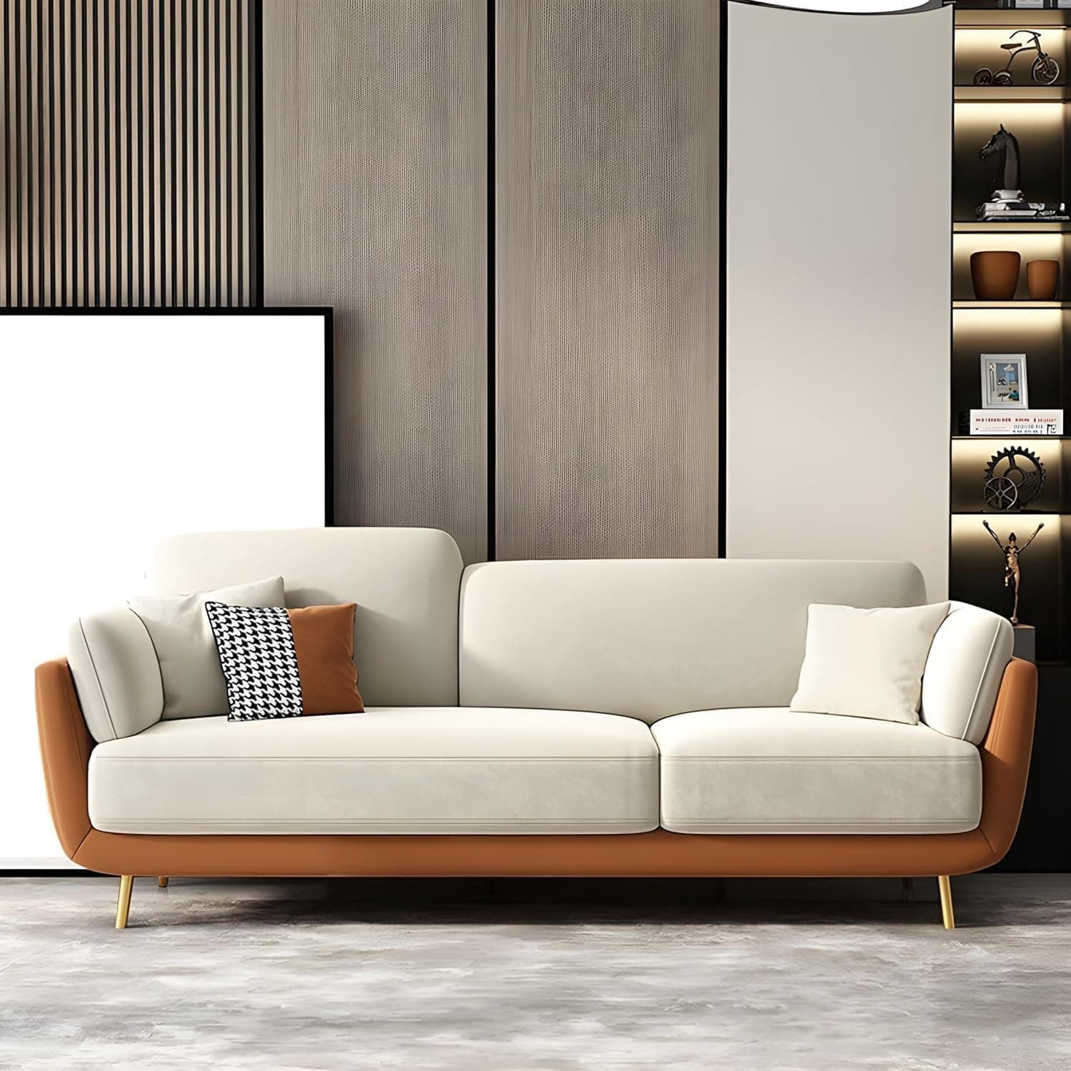 KANABA CRAFTS Luxury & Modern Velvet Comfortable Sofa with Cushion Chaise Lounge Sectional Sofa Ideal for Living Room and Bedroom, Visitors' Home, and Office-(3 Seater Brown & Beigee).