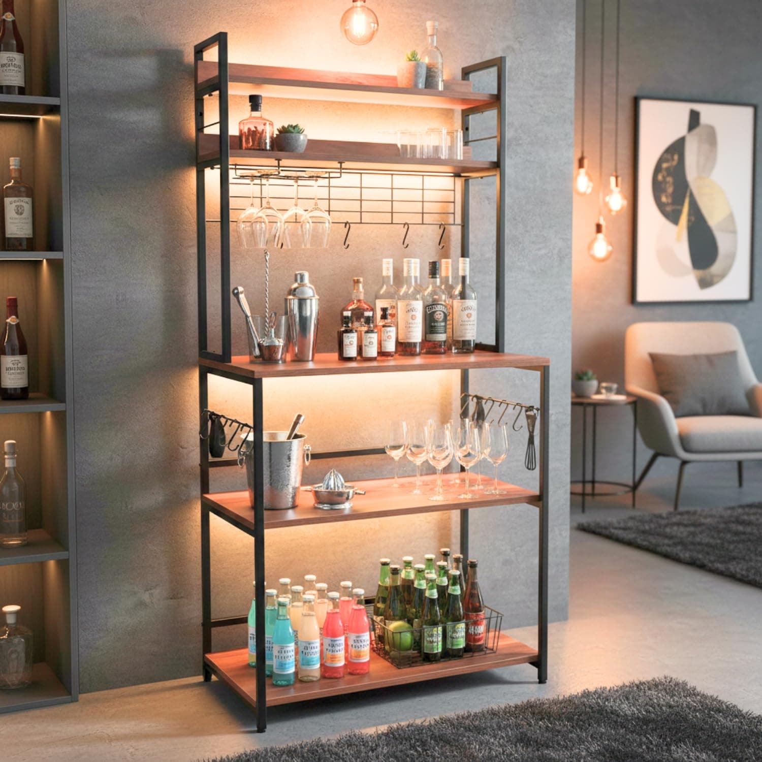 wow craft 5-Tier Bar Shelf – Versatile Storage Rack for Glasses, Bottles, Bar Tools (Brown)