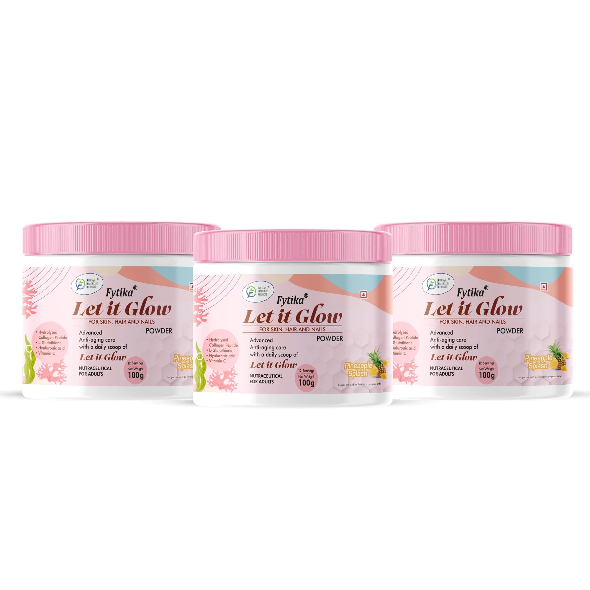 Fytika Let it Glow Collagen Powder (Pineapple Flavor) - 100 G each (Pack of 3) | Boosts Skin Radiance, Hair Health, Nail Strength, For Men, Women