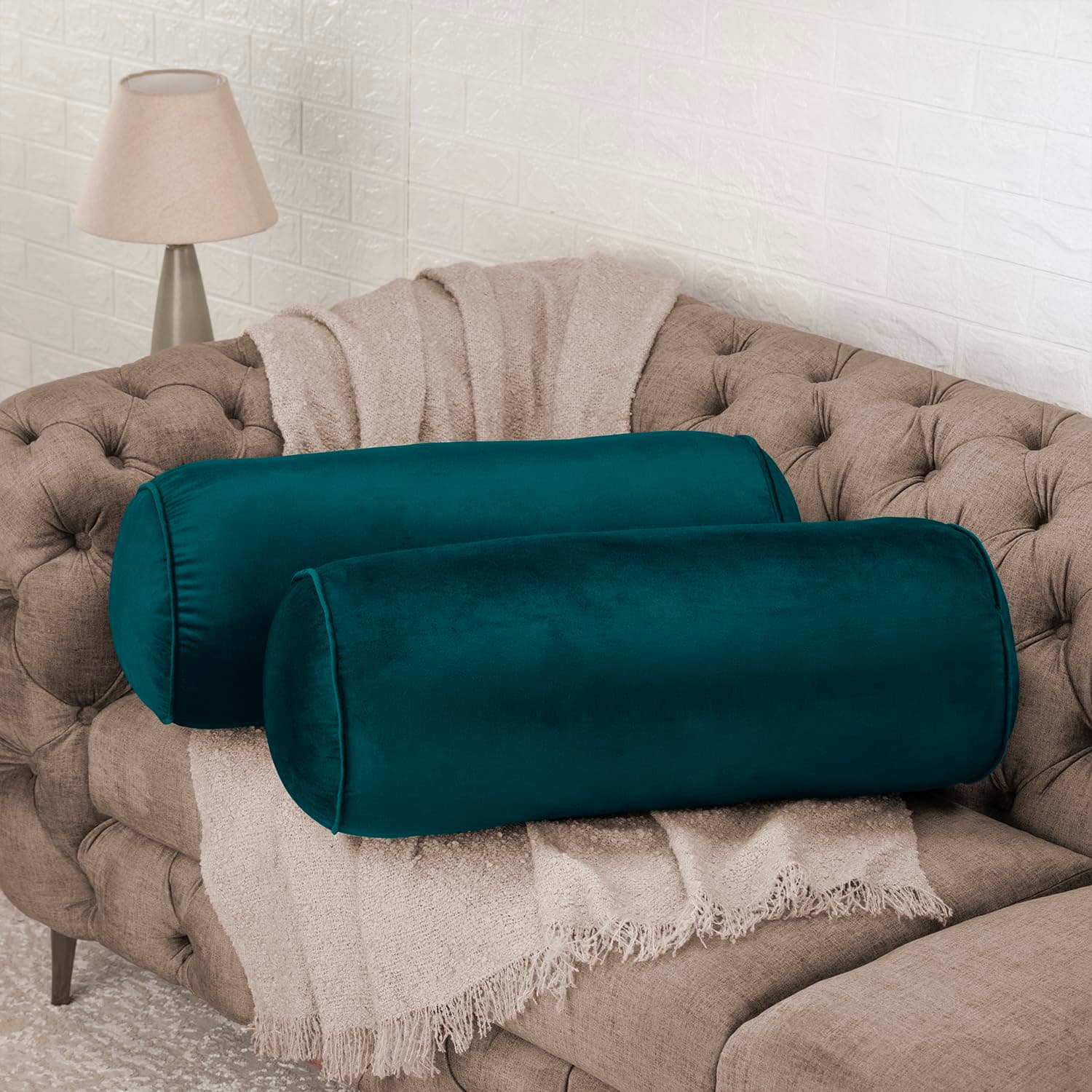 Wakefit Super Soft Bolster Pillow | Set of 2 | 25x10 Inch | Hollow Fiber Filling & Premium Velvet Fabric | Machine Washable Pillow | for Bed, Sofa & Diwan | Green