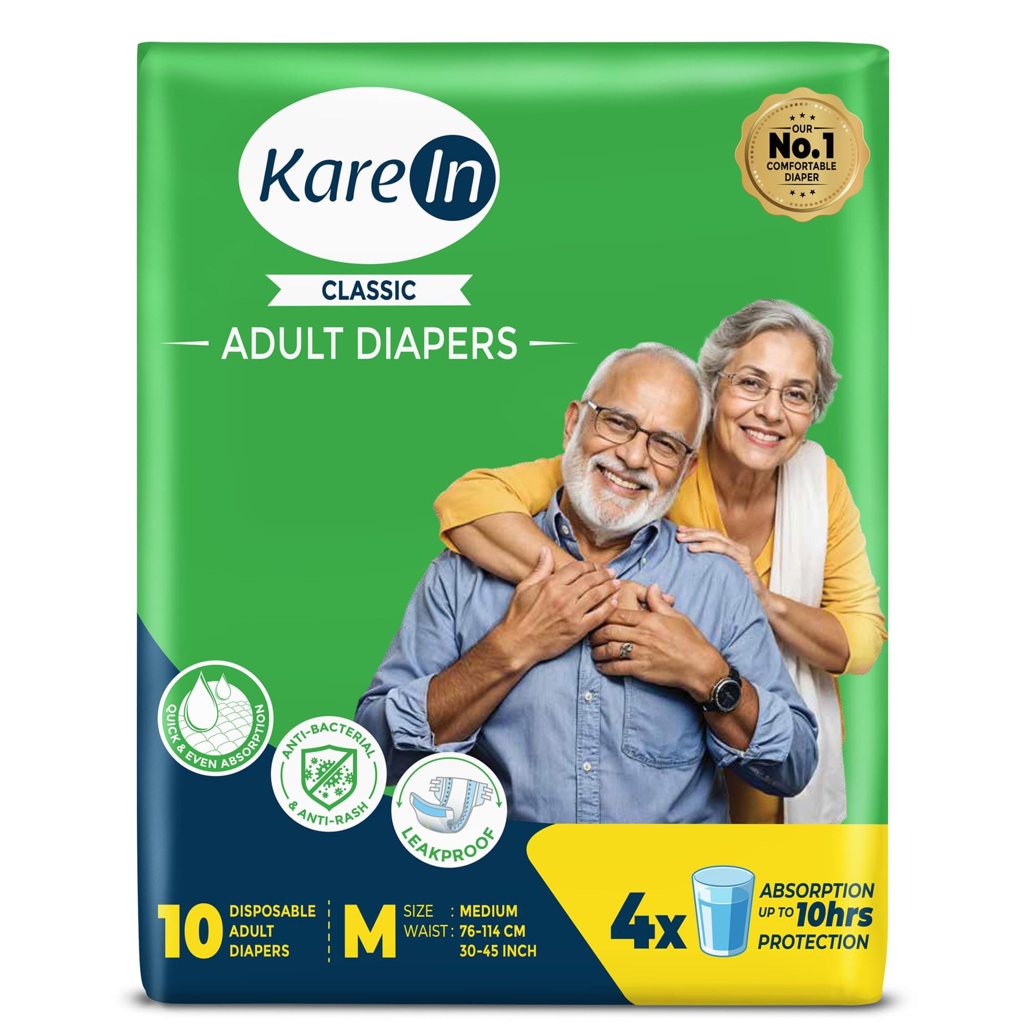 KareIn Classic Adult Diaper Tape M Size, Medium, Waist (76-114 cm 30'-45'), 10 Unit, Long Protection Hour, Unisex, Quick & Even Absorption, Anti-Bacterial, Leakproof, Odour Control, Wetness Indicator