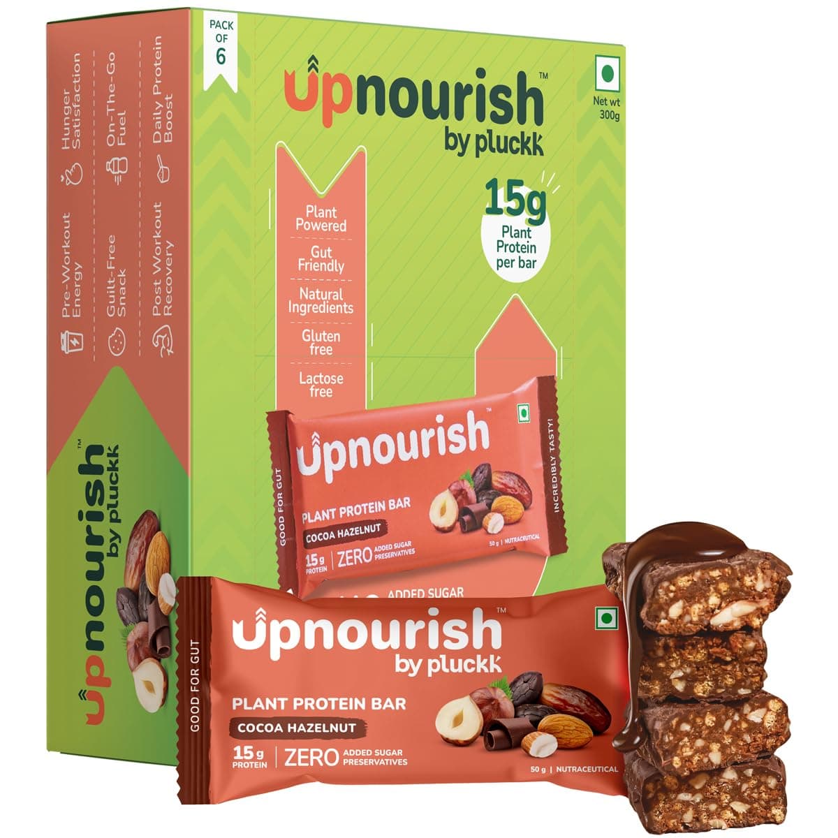 Upnourish by Pluckk | 15G Plant Protein Bar | Cocoa Hazelnut | No Preservative | No Added Sugar | Gut Friendly (Pack of 6) - 300G