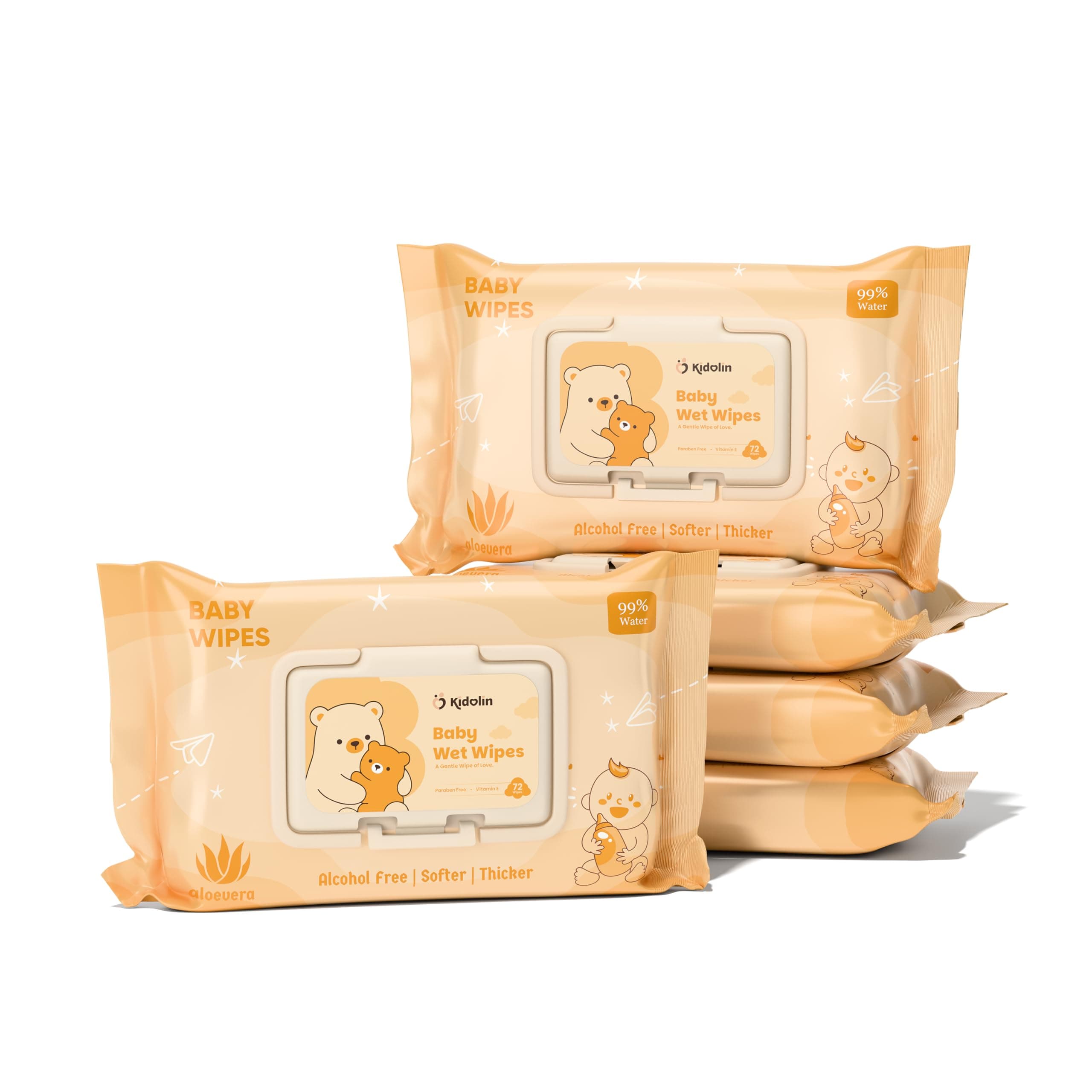Kidolin Baby Wet Wipes | 360 Wipes (72 x 5 Packs) | Aloe Vera & Vitamin E |Alcohol Free, Paraben Free, pH Balanced | Extra Thick Soft Baby Wipes | Flip Top Lid