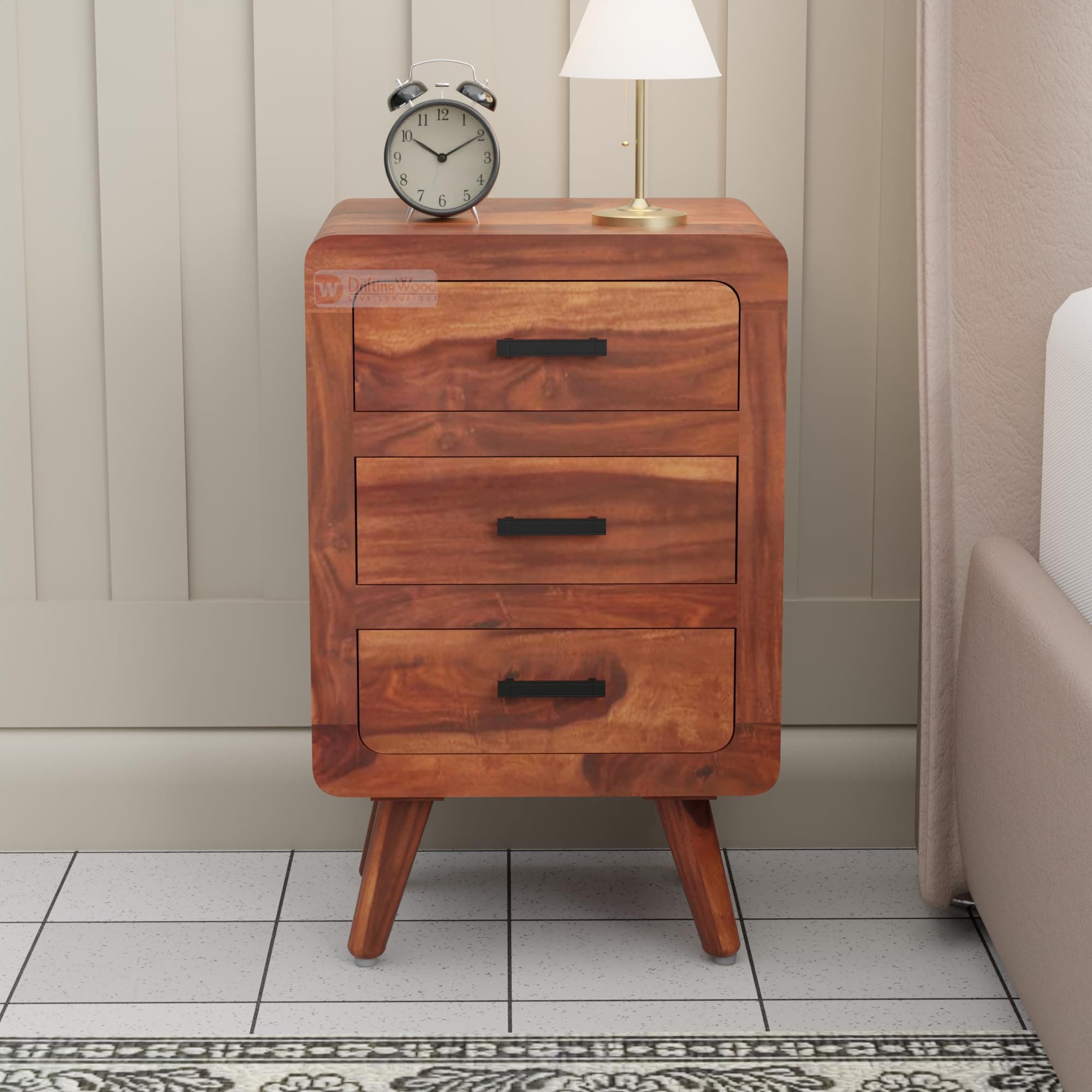 DRIFTINGWOODb Alicia Solid Wood Bedside Table | Wooden Bed Side Tables with Drawers | Nightstand Side Table for Bedroom | Nigh Stand End Table with 3 Drawers Storage for Home | Honey Finish