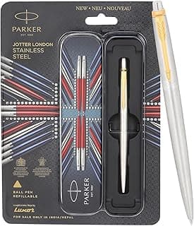 Parker Jotter Ball Pen | Stainless Steel Body with Gold Trim | Ink Color Blue | Premium Click Ballpoint Pen for Smooth Writing, Office, School, or Gifting