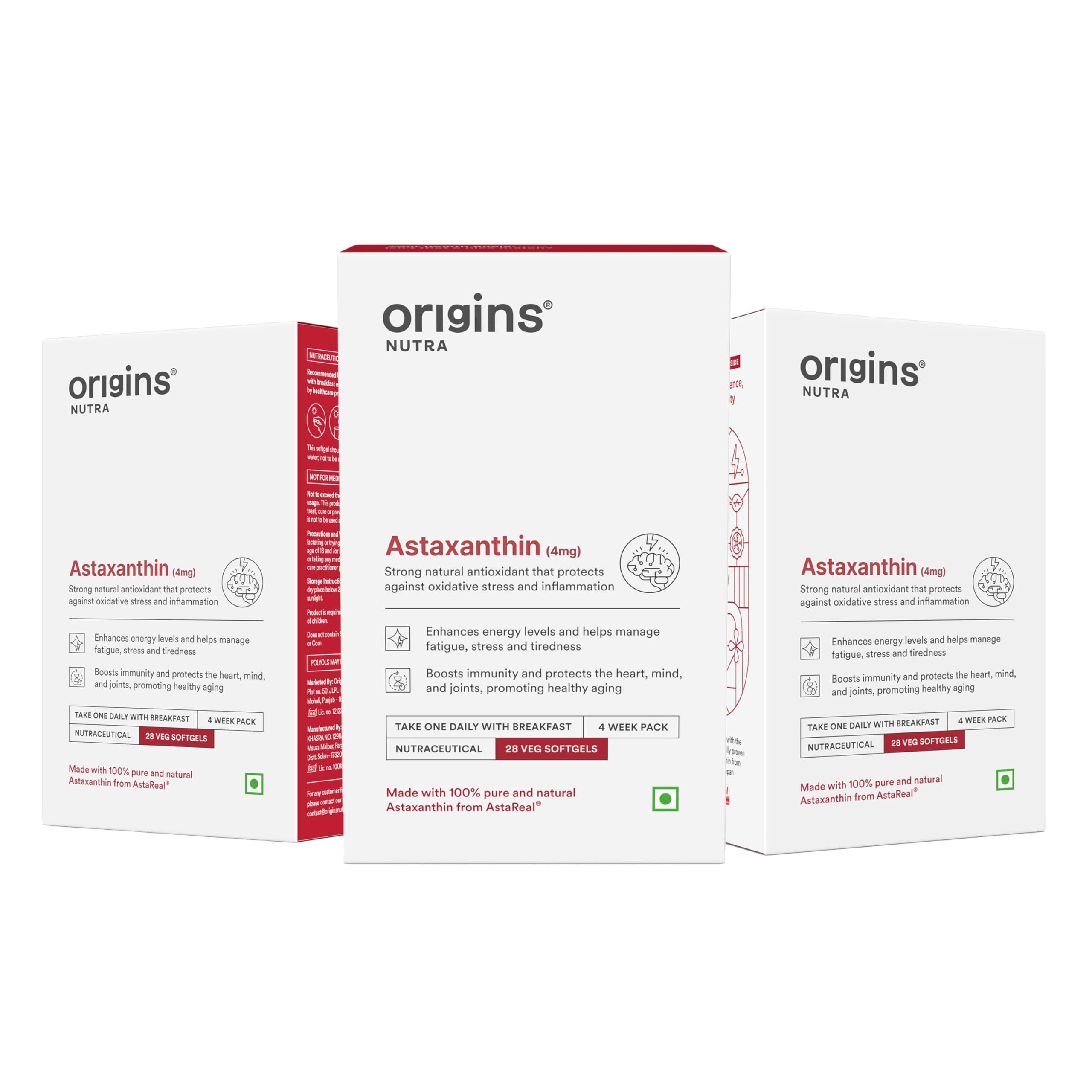 Origins Nutra Astareal® Natural Astaxanthin 4 mg from Japan | Antioxidant for Energy, Immunity & Muscle Recovery | 28 veg. Softgels | GMP Certified | Pack of 3