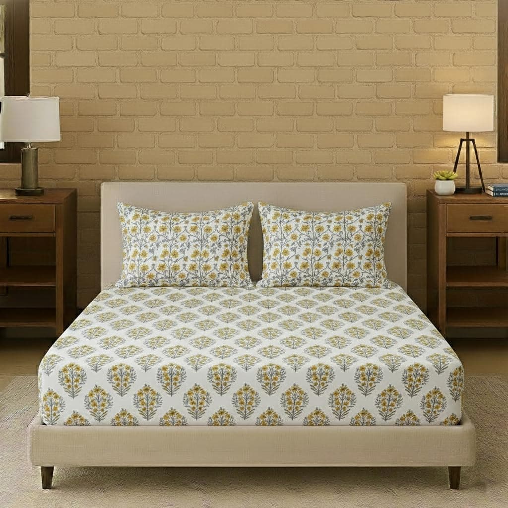 Trance Home Linen 180tc 100% Cotton 84"x78" Elastic Fitted Bedsheet Super King Bed Size | Printed Fitted Sheet | Elasticated Fitted Bedspread with 2 Pillow Covers (84x78 inch, Madhuban Yellow)