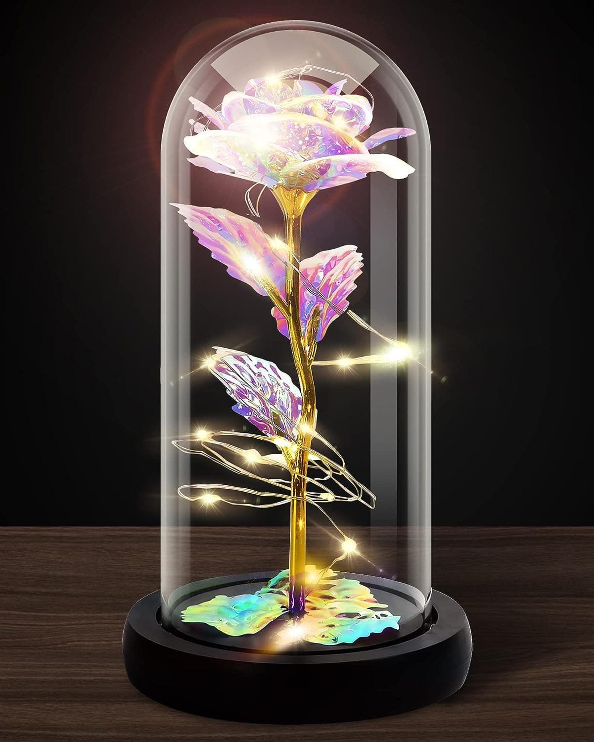 PERPART Rose Flower Gift, Rainbow Forever Rose in Glass Dome, Rose Light Up Flower, Personalized Gifts for Mom, Sisters, Friend, Women, Valentine's Day, Birthday, Wedding, Anniversary (Rainbow Rose)