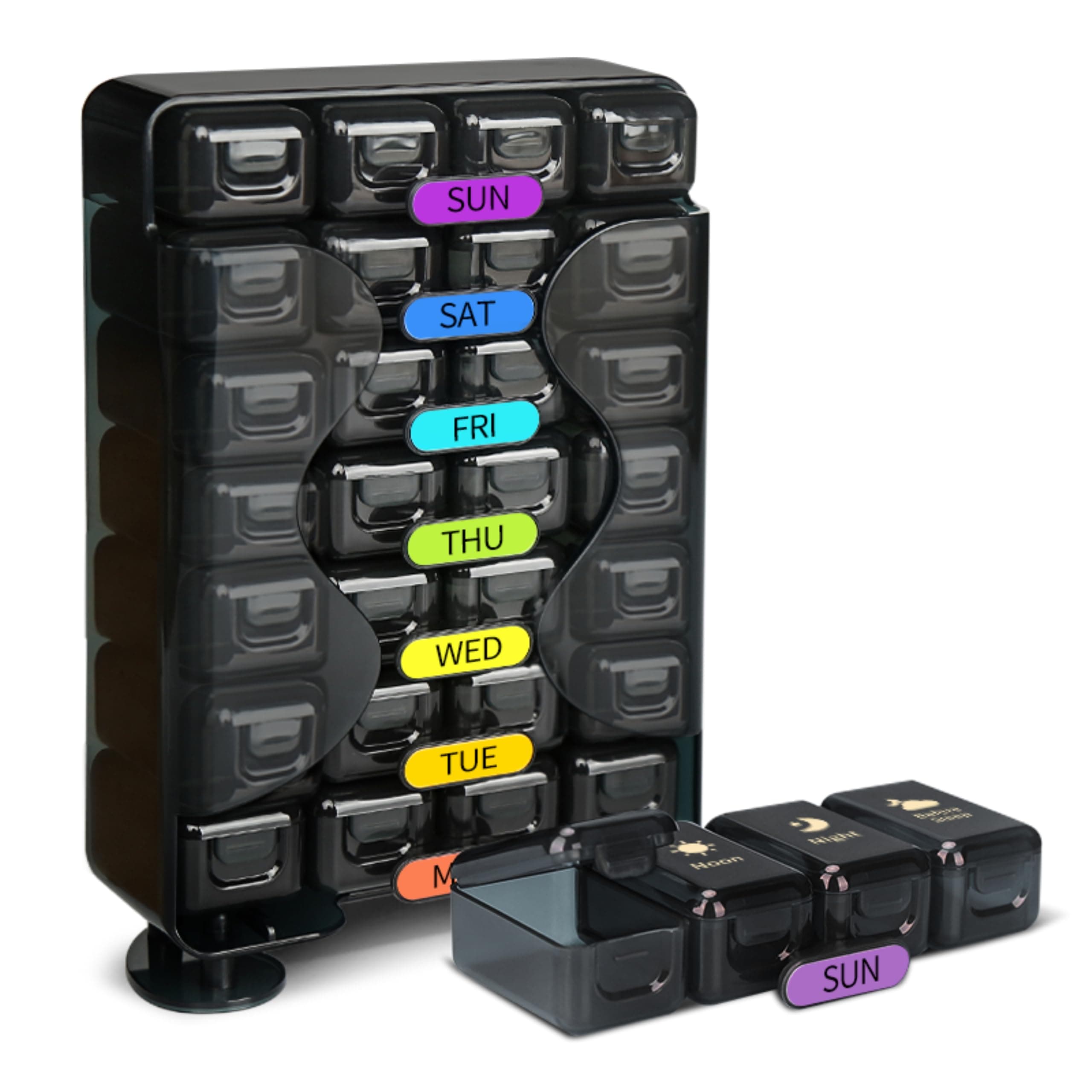 Big Premium Medicine organizer- Medicine organizer box- 7 days Pill Box For Home-Pill Organizer Case With Large Compartments, Portable for pills & Supplements (Black, Standing (4 Compartment))