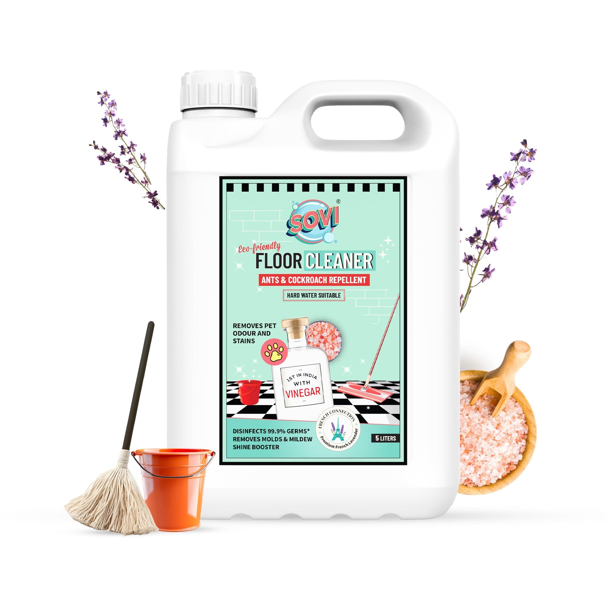 SOVI Floor Cleaner with Vinegar Power – Lavender Fragrance | Repels Cockroaches & Ants, Removes Stains & Pet Odours | Child & Pet Safe, Eco-Friendly Cleaning Solution 5 Litre