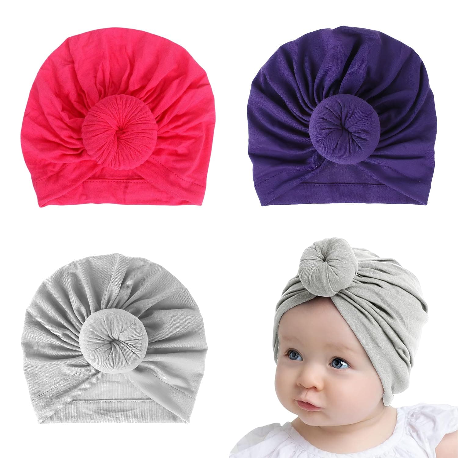 SYGA Pack of 3 Newborn Baby Cap Combo Set, Turban Design, Stretchable Cotton Cap for 0 Months to 4 Years-Unisex (Grey, Dark Pink, Violet)