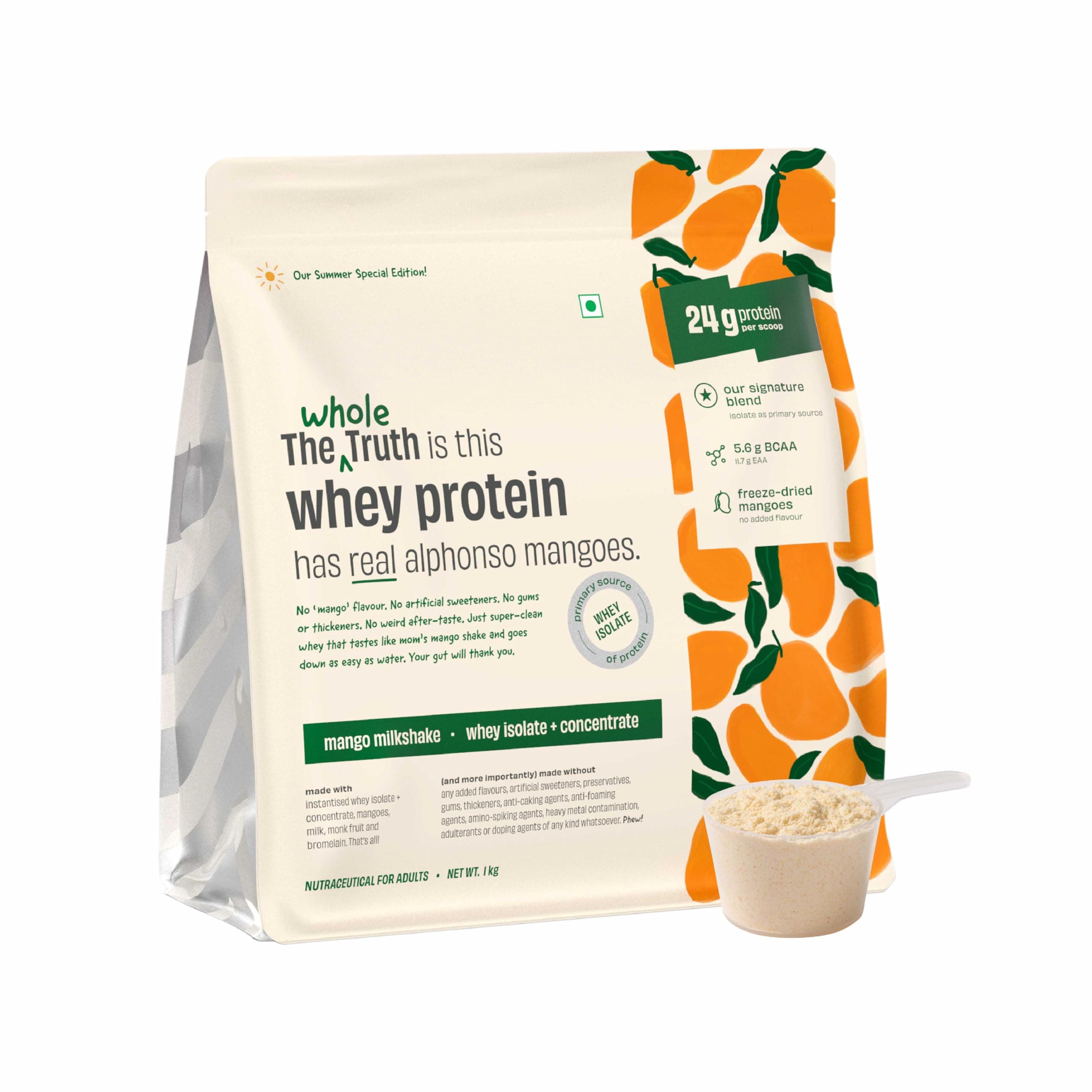 The Whole Truth Whey Protein Isolate+Concentrate Mango Milkshake 1kg (2.2 lbs) I 24g Protein/Scoop I 100% Authentic Whey I Made with Real Alphonso Mangoes | Clean, Light & Easy to Digest