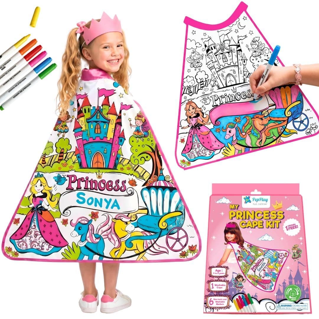 PepPlay Princess Cape Coloring Kit - Personalised Pink Cotton Cape, Magical Unicorns & Fairies | Crown + 6 Washable Fabric Markers | Reusable Pretend/Role Play Birthday Return Gift for Girls Age 3-7