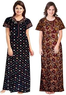 WiWi Nighty for Women Cotton Printed Maxi Gown Ankle Length Nighty Night Dress Gown for Women Maxi - Free Size (Pack of 2)