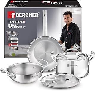 Bergner TriPro 5 Pcs Triply Stainless Steel Cookware Set - 24cm (3L) Kadai with Lid, 20cm (3.4L) Casserole/Biryani Pot with Lid, 22cm (1.5L) Frypan, Less Oil Use, Healthy Cooking - Induction Bottom