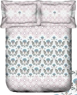 Portico Floral Pattern King Size Bedsheet Set, Blue and Pink Damask Print, White Background