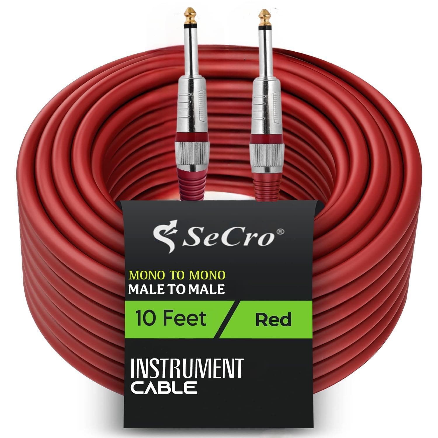 SeCro 6.35mm Guitar Cable Premium 6.35mm Mono Jack 1/4" TS Cable Unbalanced Guitar Patch Cords/Instrument Cable Male to Male with Zinc Alloy Housing. (RED, 10Feet(3Meter))