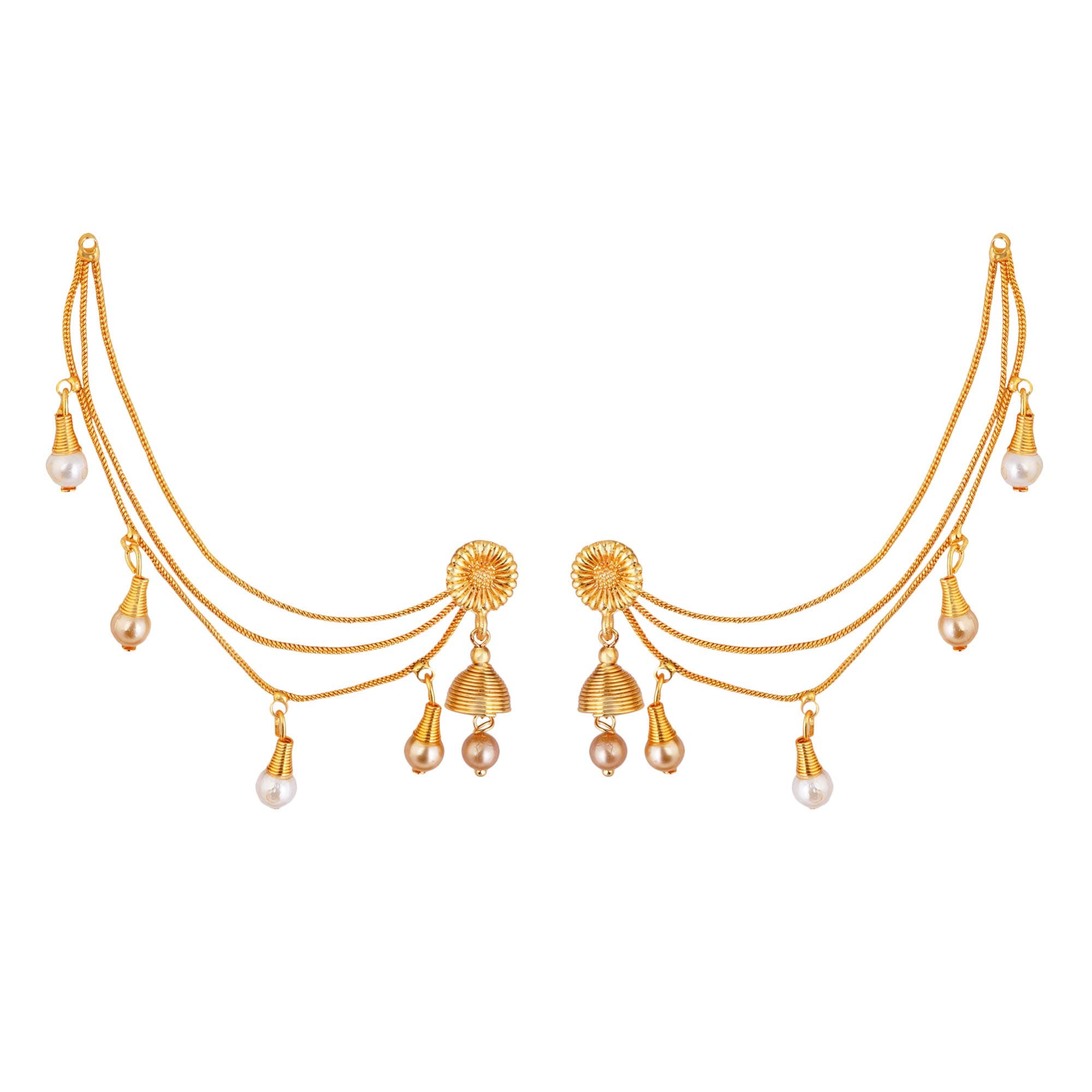 Shreyadzines Traditional Designer Gold Polish Bahubali Style Jhumka Jhumki Earrings with Hair Chain for Women and Girls