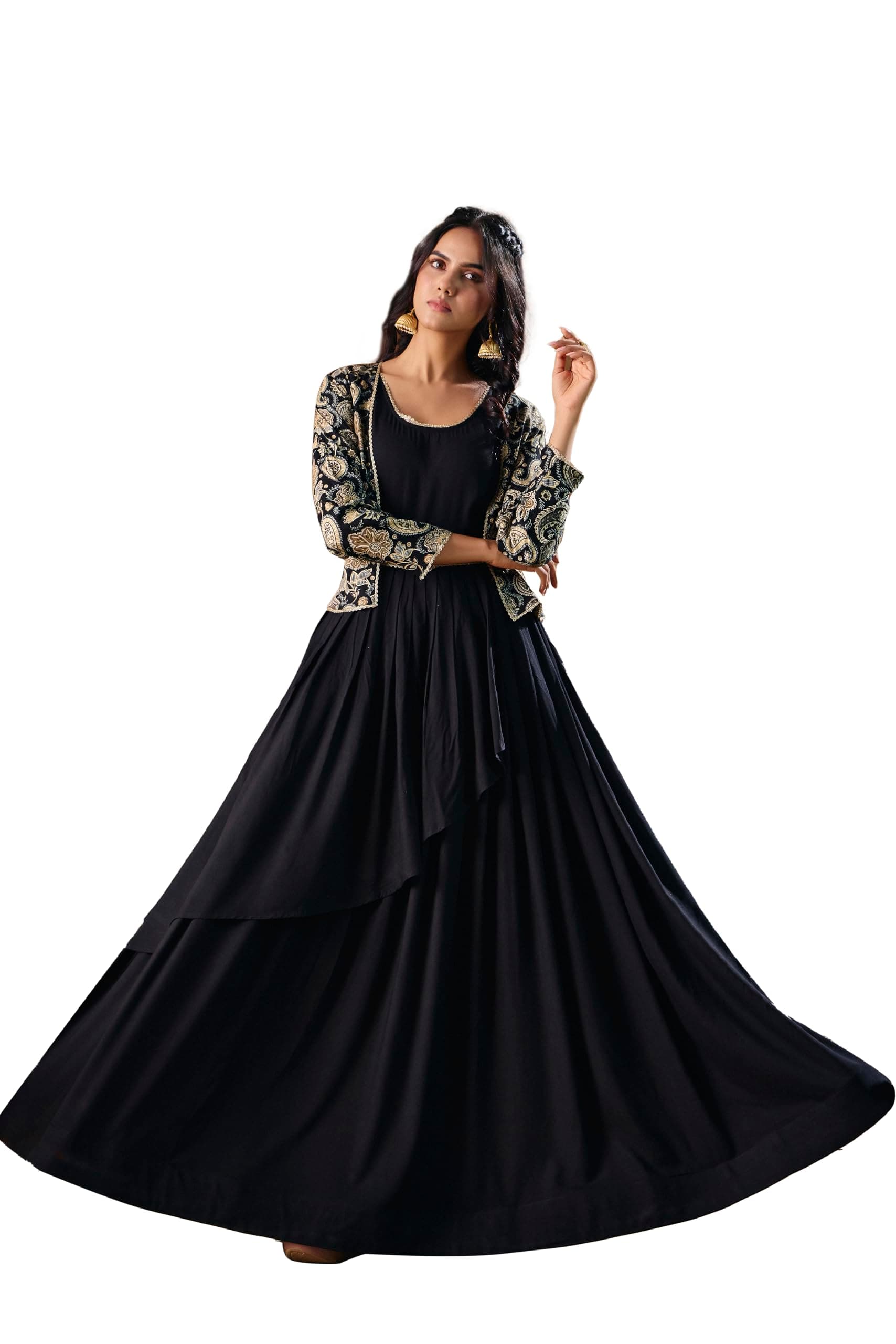 madhuram textiles Women,S Rayon Gown with Printed Koti | Round Neck Long Dress for Women(M-2555 Yellow and Black)