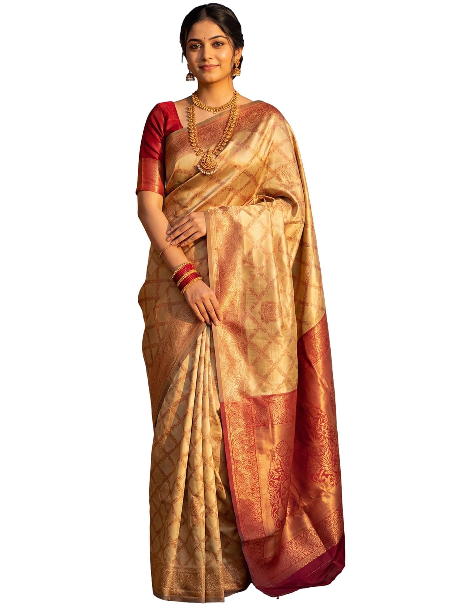 AKHILAM Women's Kanjivaram Woven Soft Silk Saree With Blouse Piece