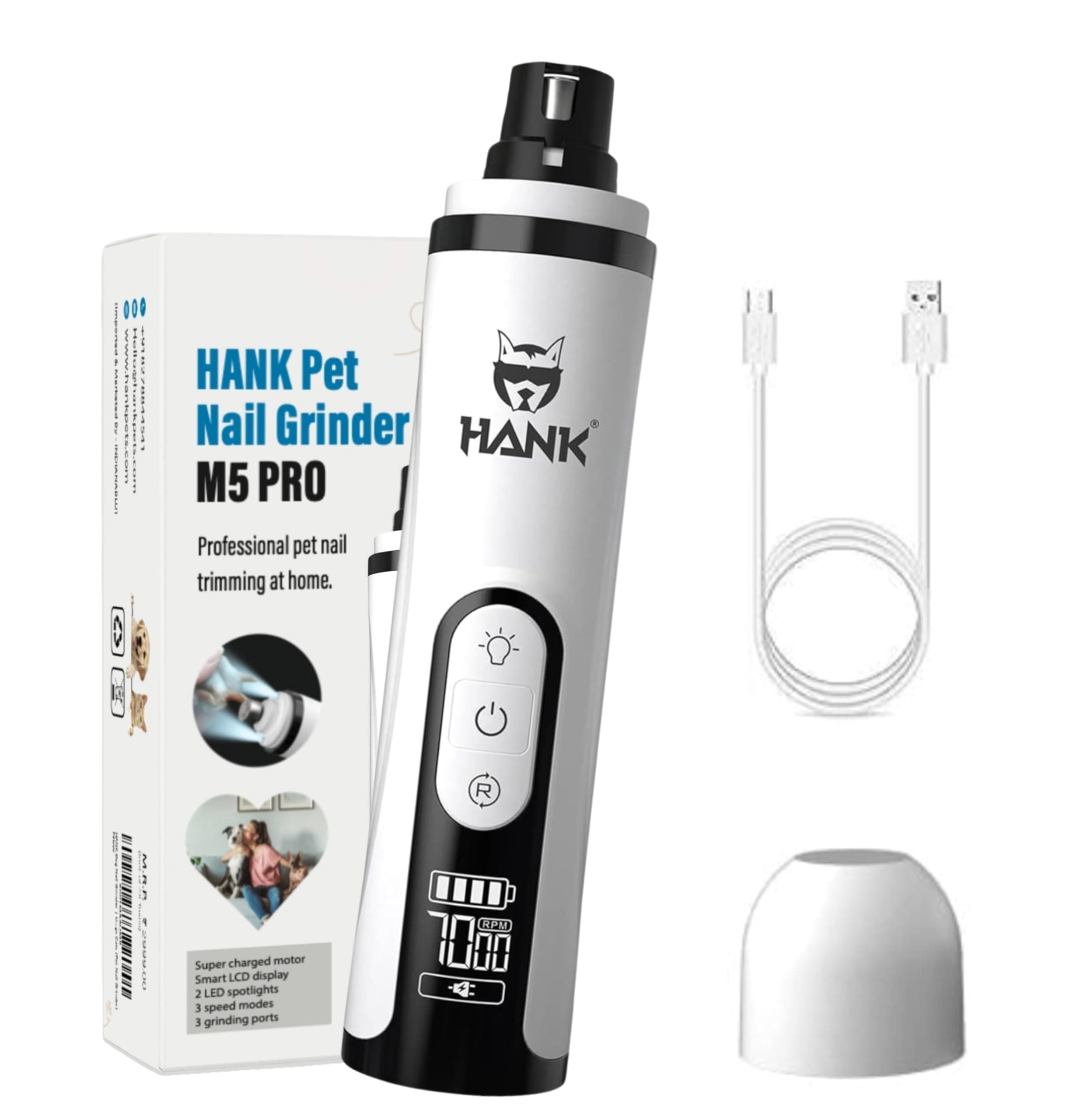 HANK Dog Nail Grinder | Upgraded Version LCD Display - 2 LED Lights - 3 Speed Modes Electric Pet Nail Trimmer | Perfect for Small Medium Large Dogs Cats (Pet Nail Grinder)