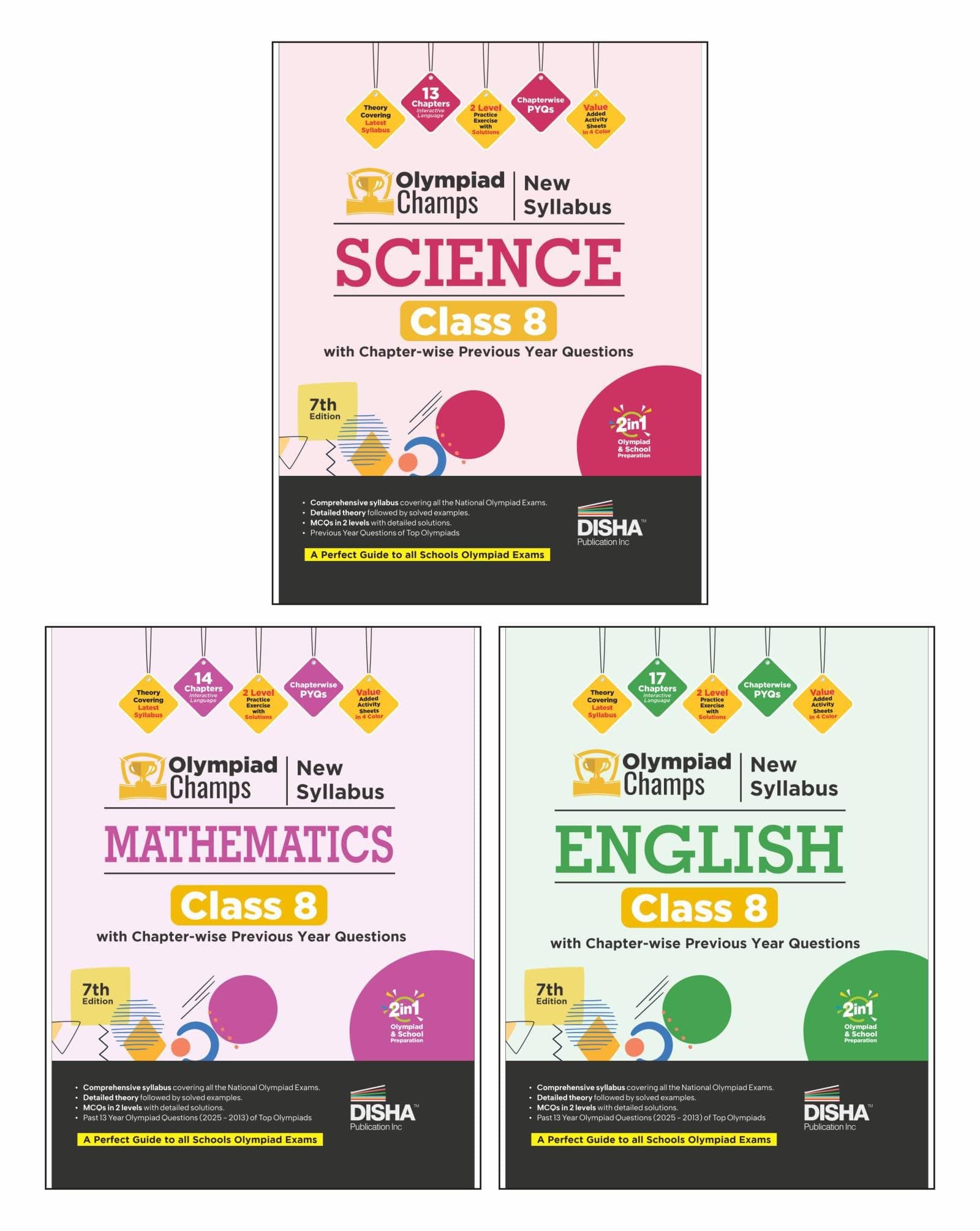 Disha Combo (3 books) Olympiad Champs Science, Mathematics, English Class 8 with Chapter-wise Previous Year Questions 7th Edition | 2027 Exam