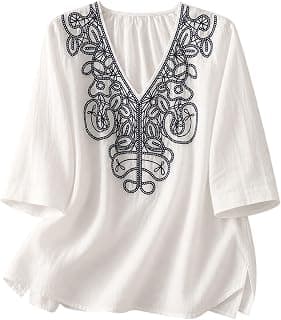 RIEKA Womens Tunic Top with Floral Embroidery V Neck 3/4 Sleeve Relaxed Fit Casual Ethnic Fusion Top Lightweight Sheer Fabric Everyday Wear for Women