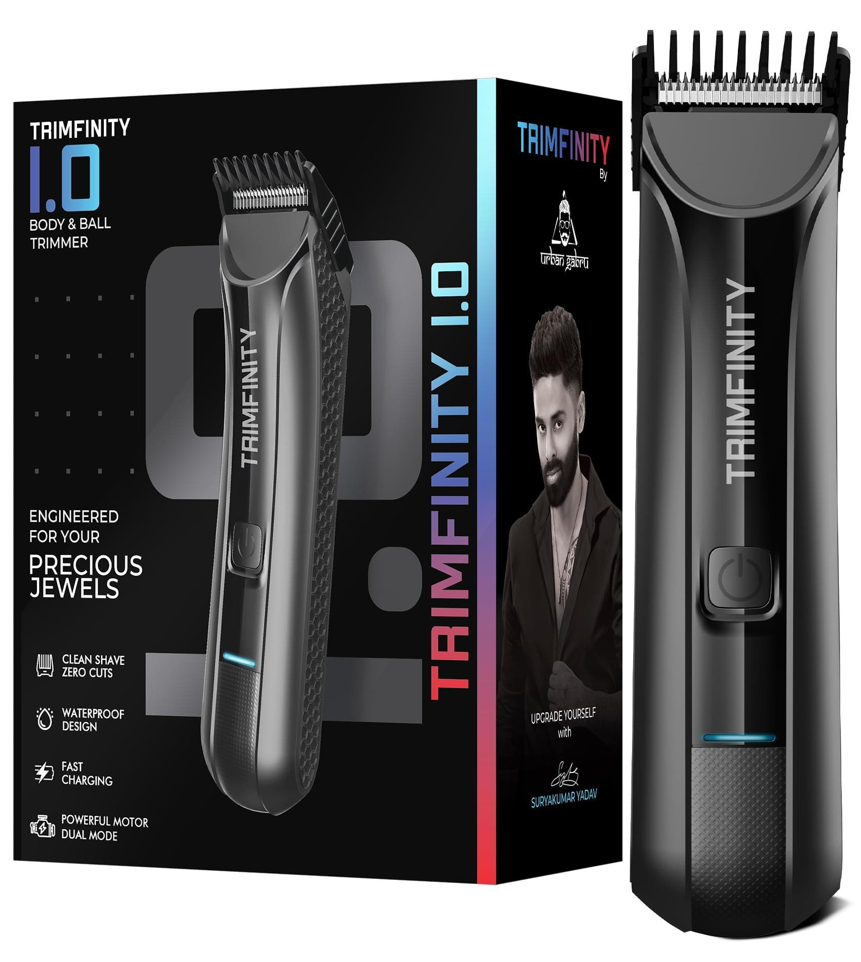 Trimfinity 1.0 Body & Ball Trimmer for Men by UrbanGabru, IPX6 Waterproof, Dual-Mode Motor, Stainless Steel Ceramic Blade, LED Light, 90-Min Battery, Travel Lock, 4 Adjustable Combs, Fast Charging,