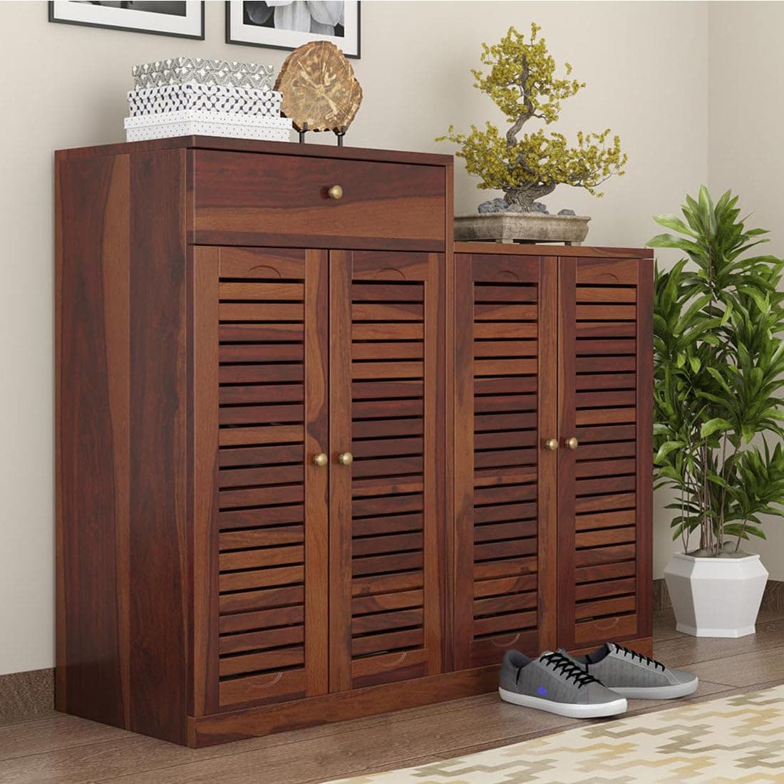 TIMBROOT Solid Wood Shoe Rack with Door | Large Shoe Cabinet with Shelves Wood | Sheesham Wood Shoe Cabinet | Shoe Racks for Entryway | Wooden Footwear Organizer for Home.