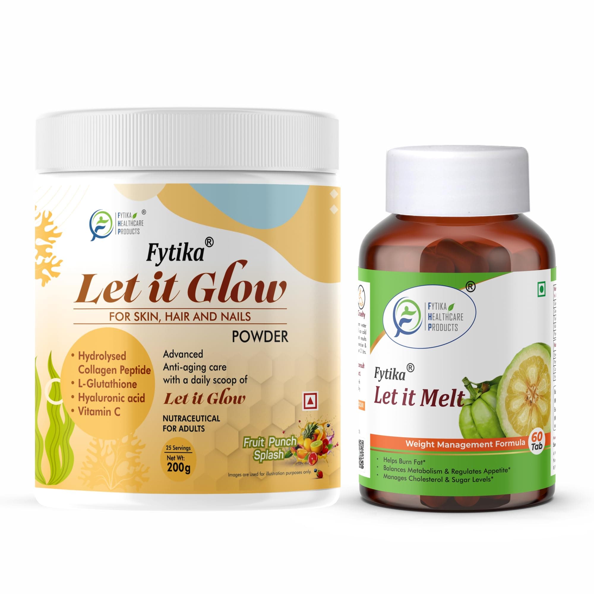 Fytika Let It Glow Collagen Fruit Punch Flavour and Let It Melt Combo | Weight Management, Radiant Skin, Healthy Weight Loss, Boosts Metabolism | For Men, Women - 200 G, 60 tablets
