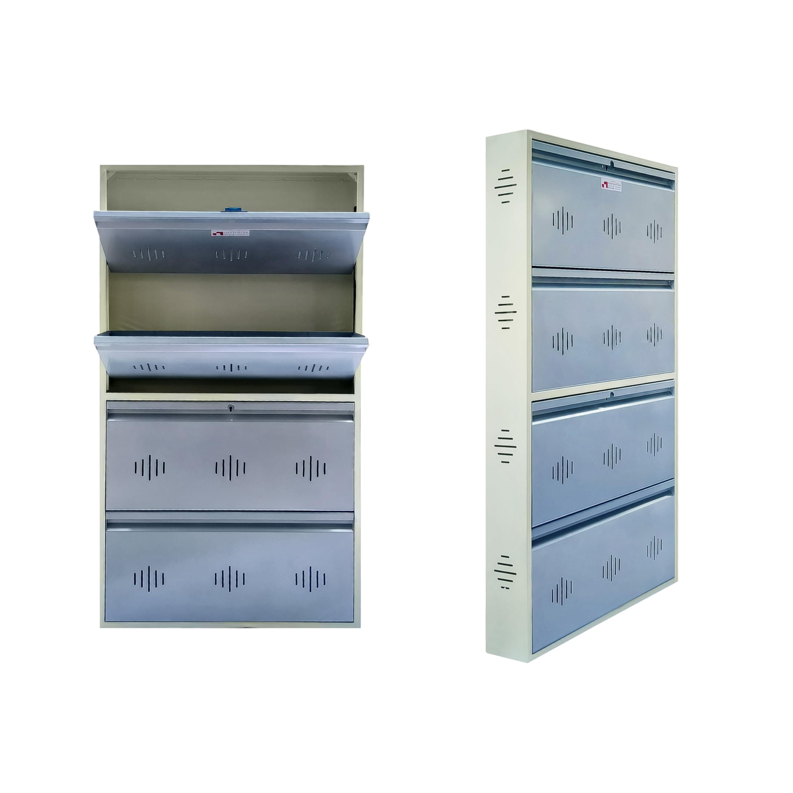 StayHappy Wide Wall-Mounted and Freestanding Metal Shoe Rack Cabinet | Key Lock | Compact Design | Thick Metal Layer for Durability | Powder-Coated Steel | Crafted in Bharat. (Silver, 4 Door)