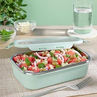 Larah by BOROSIL Freshbyte 800 ml Rectangle Food Storage Container with Airtight Stainless Steel Lid | Fridge Container for Lunchbox | Food Grade Steel | Microwave Safe | Green
