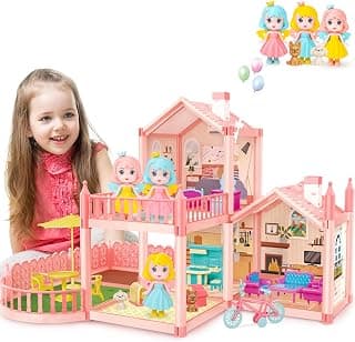deAO Dollhouse with Furniture and Accessories, Dolls House with 2 Levels | 3 Bedrooms, Balcony, 3 Dolls, 17 Furniture, Bicycles, Gift for Girl for 3 4 5 6 7 8 Years Old