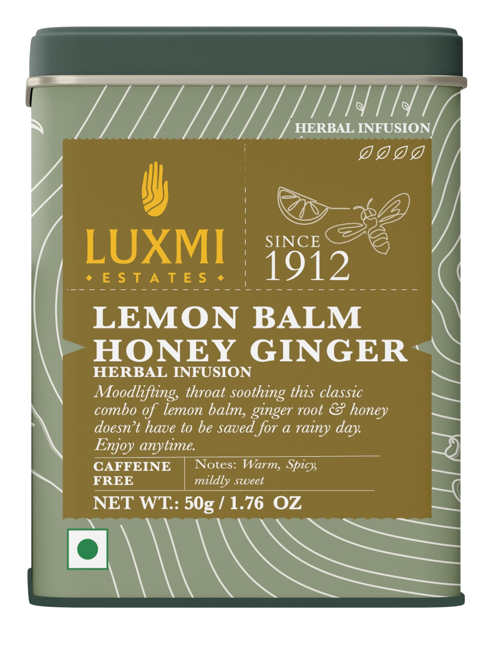LUXMI Estates Lemon Balm Honey Ginger Herbal Infusion – 50g Loose Leaf Tin Caddy | Caffeine-Free Herbal Infusion | Soothing & Refreshing Wellness | 25 Cups | Sleep Infusion