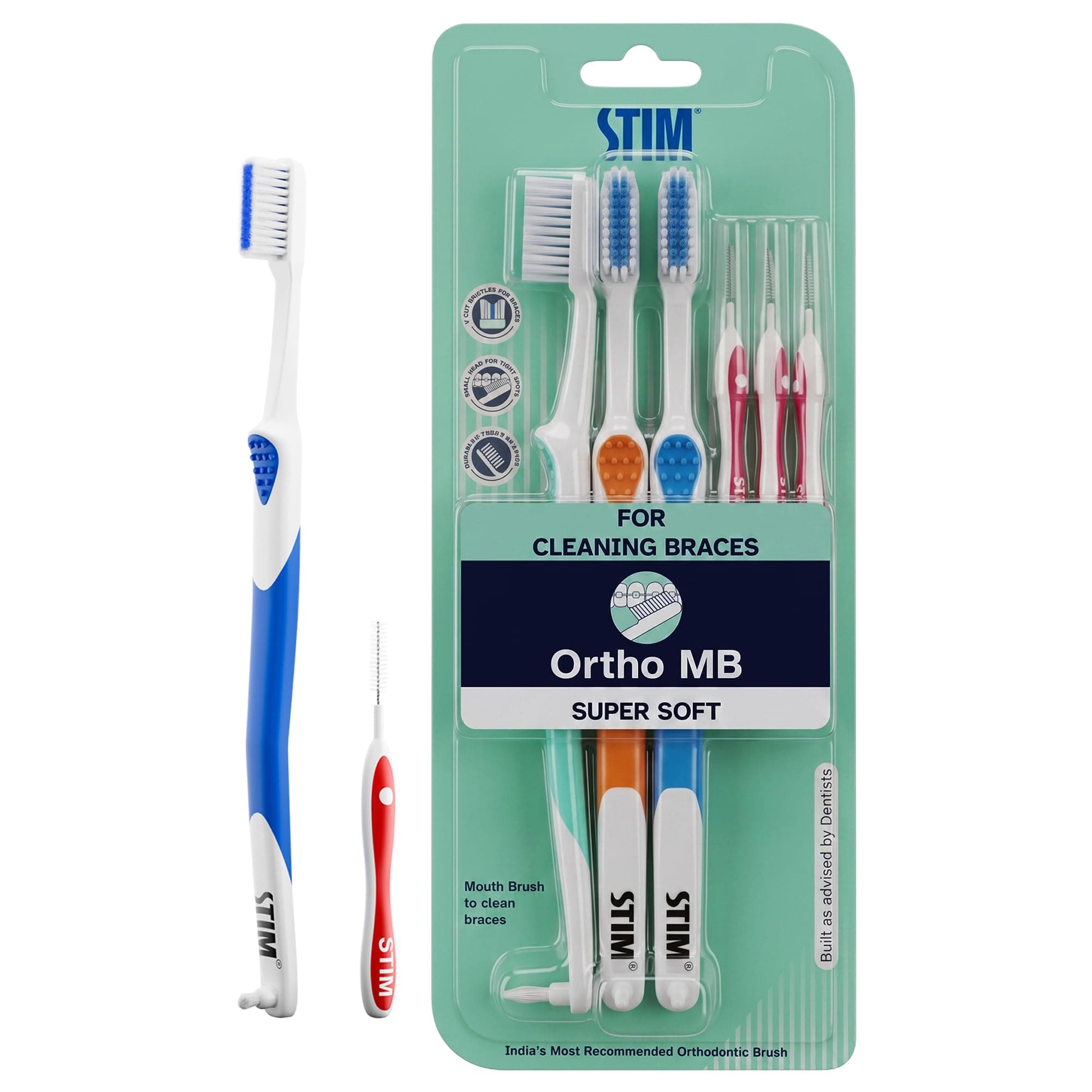 STIM Ortho MB Toothbrush for Braces | Pack of 3 | Designed for braces | V-cut super soft bristles clean around brackets & wires | Small head for precision cleaning
