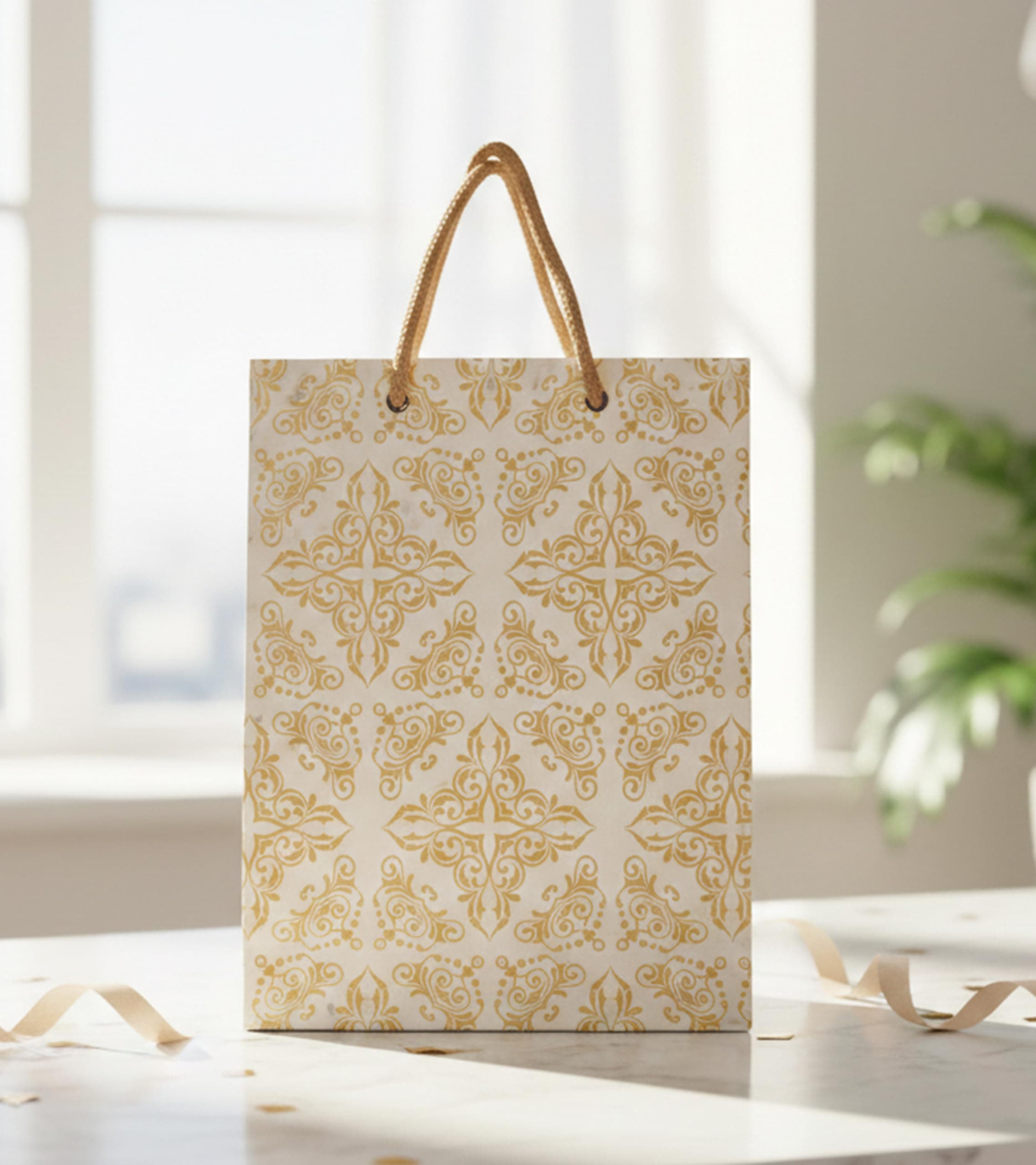 KOSY Paper Bag for Gifting and Return Gifts Medium Size Golden Print Paper Gift Bags for Chocolate Jewelry Accessories Festival Wedding Christmas Packaging Pack of 10