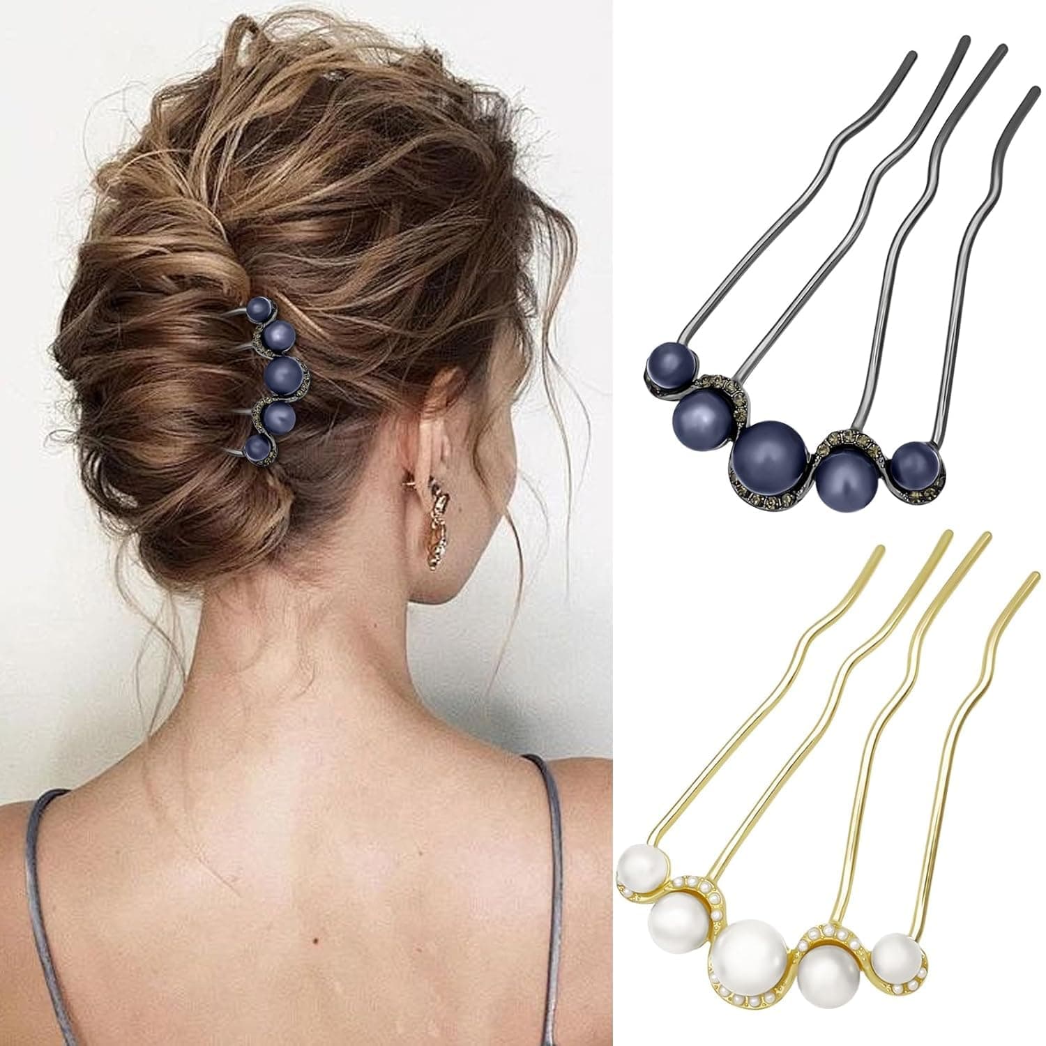 Miss Lirenn® Pearl Hair Comb Pins Set, 5.3 cm Length, Navy Blue and White with Rhinestones, (Multicolor-Pack of 2)