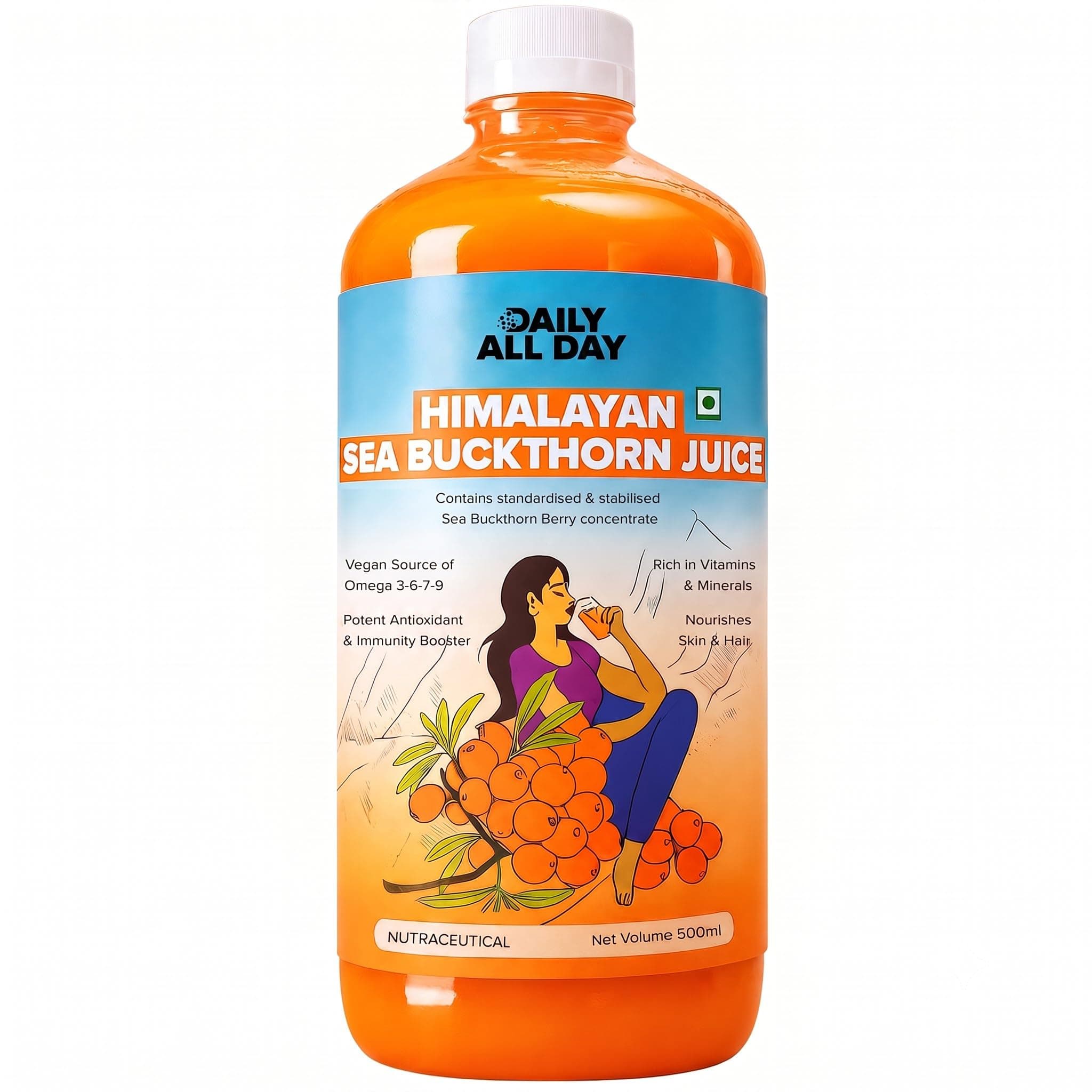 Daily All Day Himalayan Sea Buckthorn Berry Juice Cold-Pressed Pulp Concentrate, Rich in Omega 3, 6, 7 & 9, Natural Vitamin C & Antioxidants for Skin Glow, Immunity & Gut Health, No Added Sugar, 500ml, Pack of 1