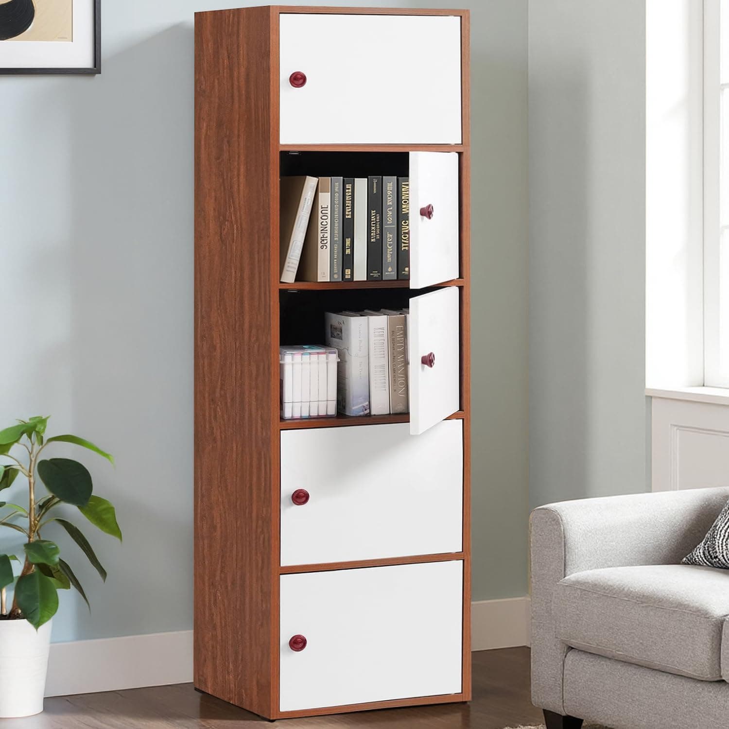 ABOUT SPACE Wooden Book Rack - 5 Tier Storage Cabinet for Living Room with Magnetic Door, Space Saving Book Self for Home, Engineered Wood Cabinet (Oak Red - L 38 x B 38.5 x H 165.5 cm)