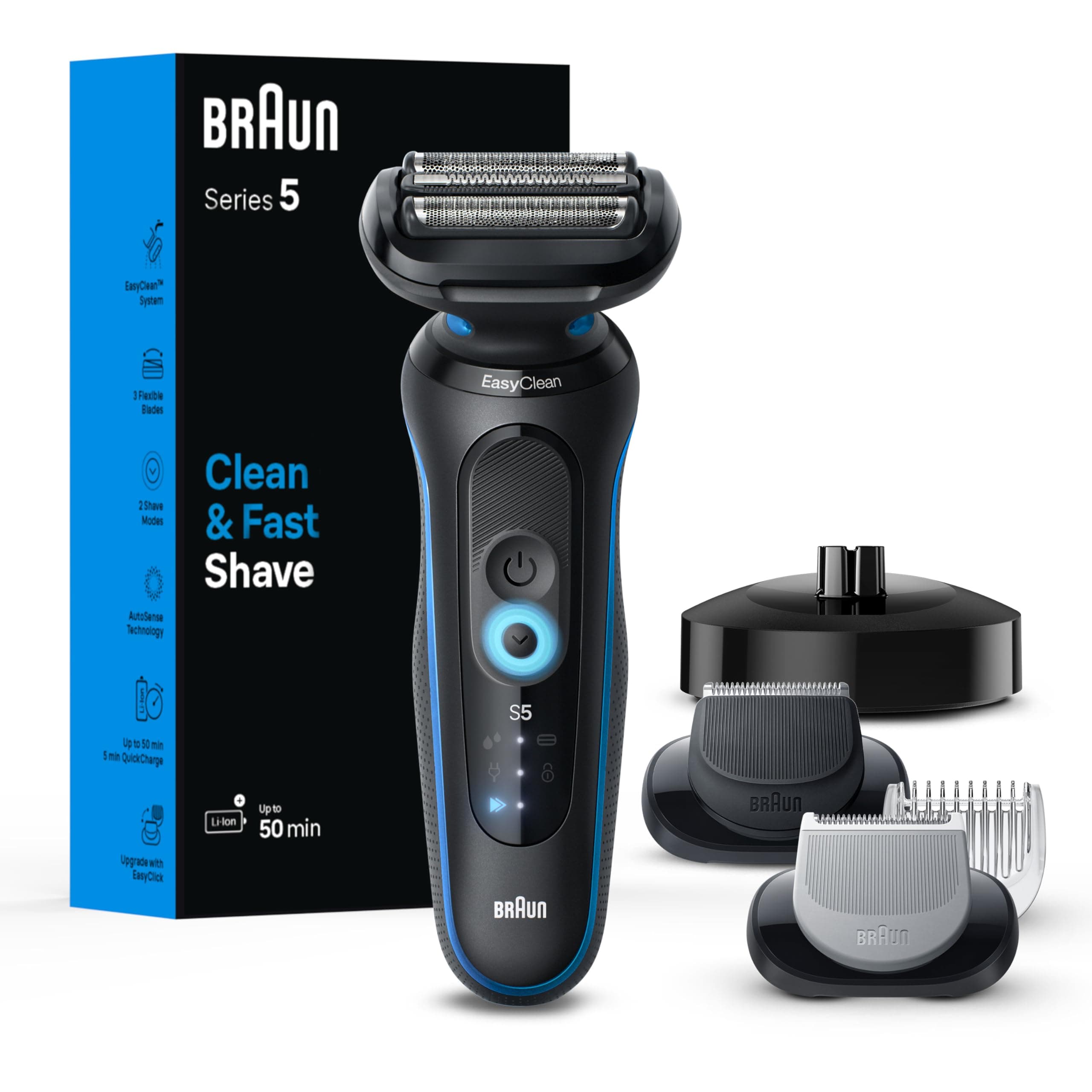 Braun Series 5 Electric Shaver, Senso Flex Technology, Auto Sense for Sensitive Skin, Wet or Dry Use, 100% Waterproof, Li-Ion Battery, 50 Min Runtime, 5 Min Quick Charge, German Engineering, Shaver 52