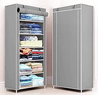Metal Pipes Fabric Shelf Collapsible Wardrobe 6 Shelves/Cabinet/Multipurpose, Foldable, Collapsible Organizer for Home Office (Grey, 6 Layer Rack)