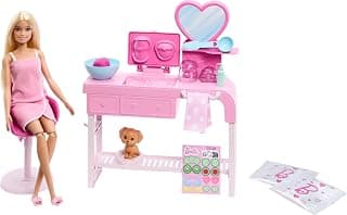 Barbie Face Mask Toy Playset with Doll & 10+ Accessories Including 3 Powder Packs to Make Dough Masks, Spa Furniture, Pet Puppy, Sticker Sheet, & More