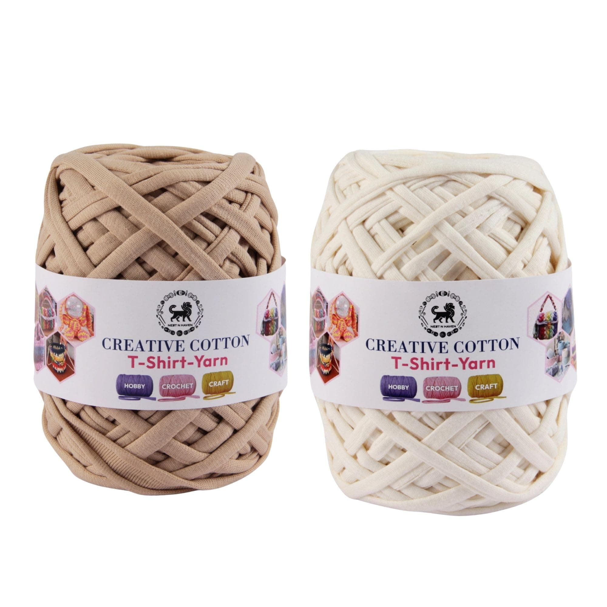 NESTNHAVEN Creative Cotton T-Shirt Yarn Carpet, Knitting Yarn for Hand Knitting DIY Bags, Baskets, Blanket, Cushion Crocheting Projects 200 GMS (Beige) & (Off-White)