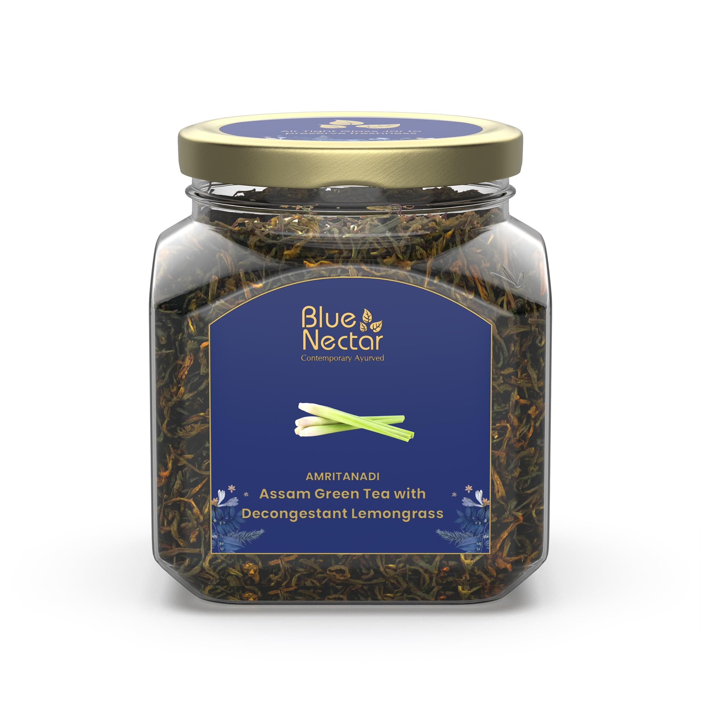 Blue Nectar Lemongrass Green Tea Loose Leaves with Steel Strainer Infuser | Decongestant Lemongrass Green Tea in Glass Jar | Sourced from Assam Tea Leaves Garden | Loose Leaf Tea for Easy Brewing (65g)