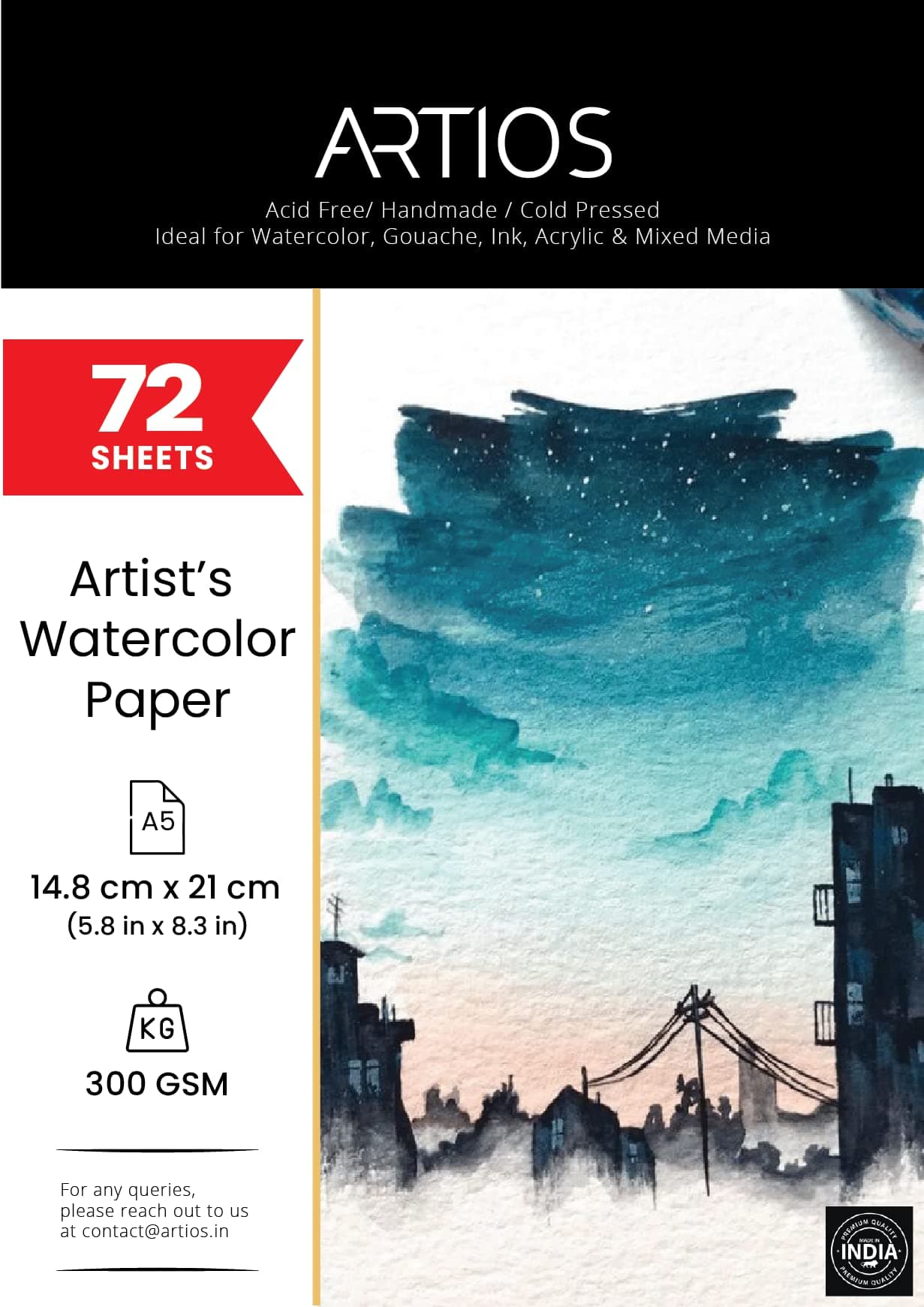 ARTIOS Artists' Watercolor Paper A5 300 GSM - 100% Cotton, Cold-Pressed, Acid-Free, Handmade Water Colour Papers for Watercolour, Acrylic, Gouache, Ink & Mixed Media, 72 Sheets