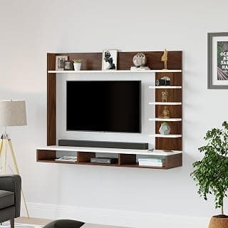 BLUEWUD Primax Grande Standard Engineering Wood Wall Mount TV Entertainment Unit Set Top Box Stand/TV Cabinet Panel with Shelves for Books & Décor Display Unit, Ideal for 42" (Brown Maple & White)