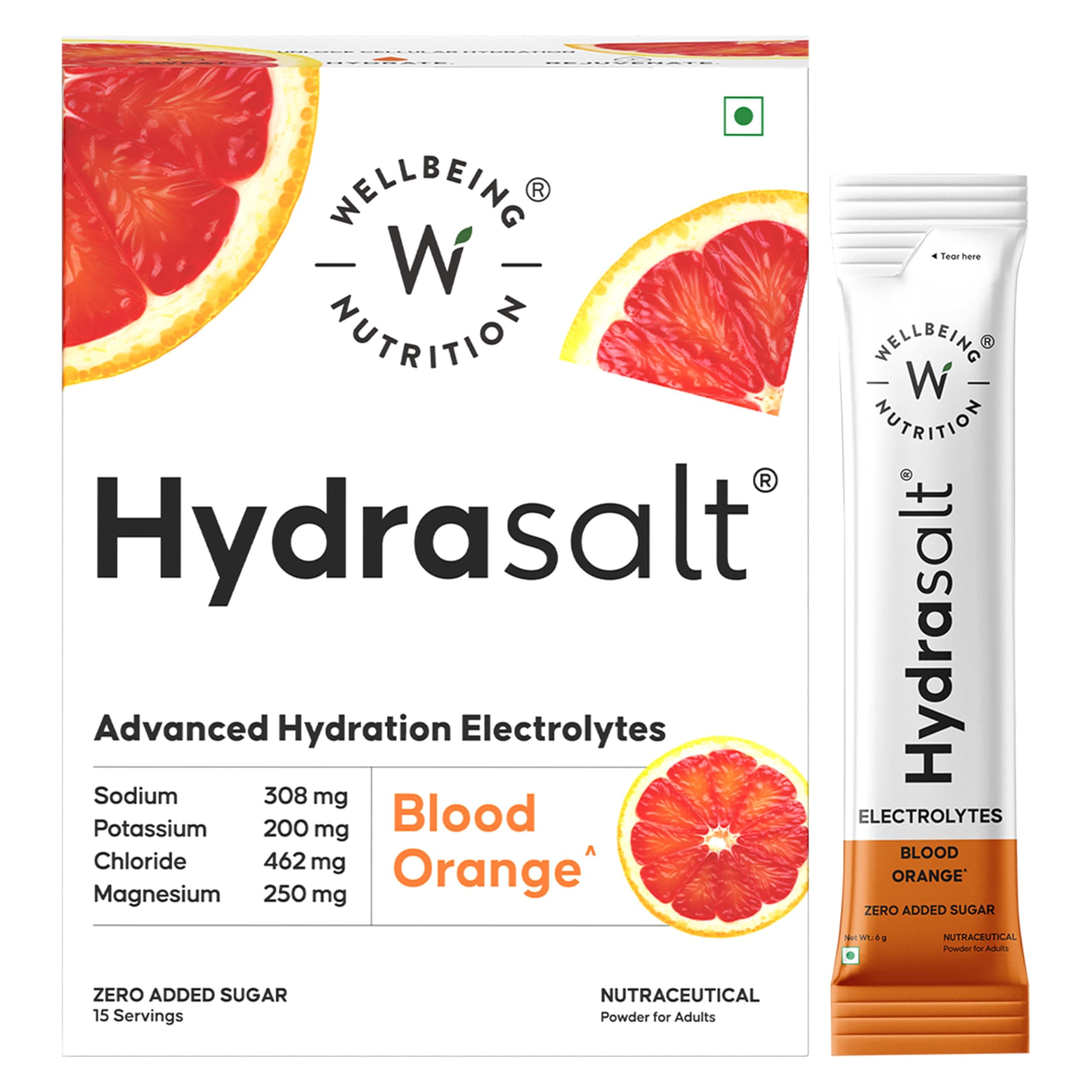 Wellbeing Nutrition HydraSalt Electrolyte Drink with Zero Added Sugar | 5 Electrolytes & 3 Vitamins for Instant Hydration, Energy, Performance & Recovery, Blood Orange Flavor 90g, Pack of 15