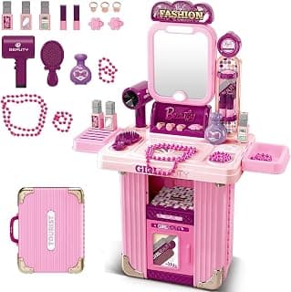 FunBlast 2 in 1 Dressing Table with Suitcase Toy for Kids – Battery Operated Hair Salon Pretend Play Toys for Girls, Princess Dress-Up Playset, Fashion Kit Toy for 3 4 5 6 7 8 Year Old Girls (31 Pcs)