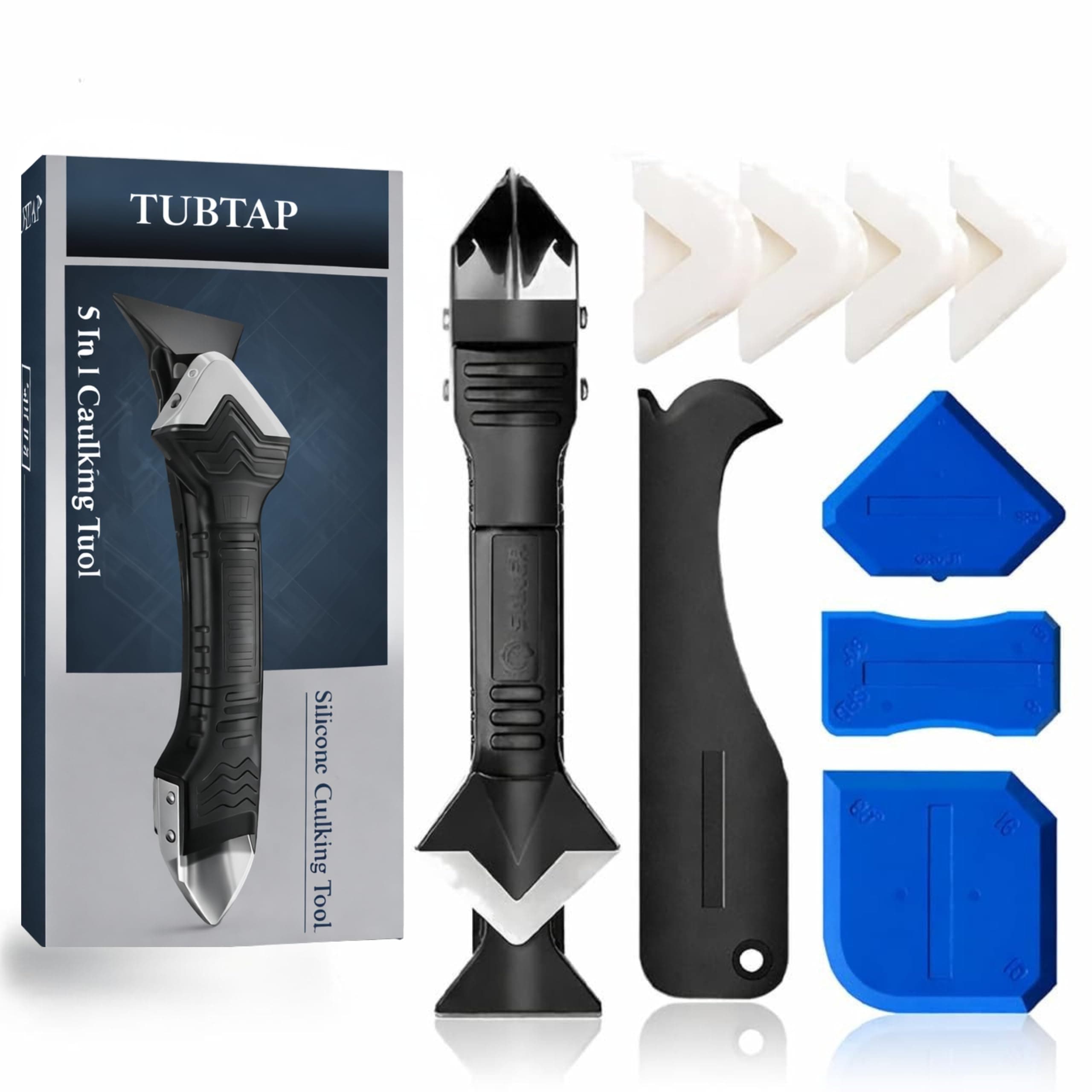TUBTAP 5 in 1 Stainless Steel Head Scraper | Caulking Tool Kit | Sealant Finishing Grout Scraper | Gap Filler | Scraper Finishing Tool for Tiles | Countertop | Bathtubs | Sinks | Window | Home